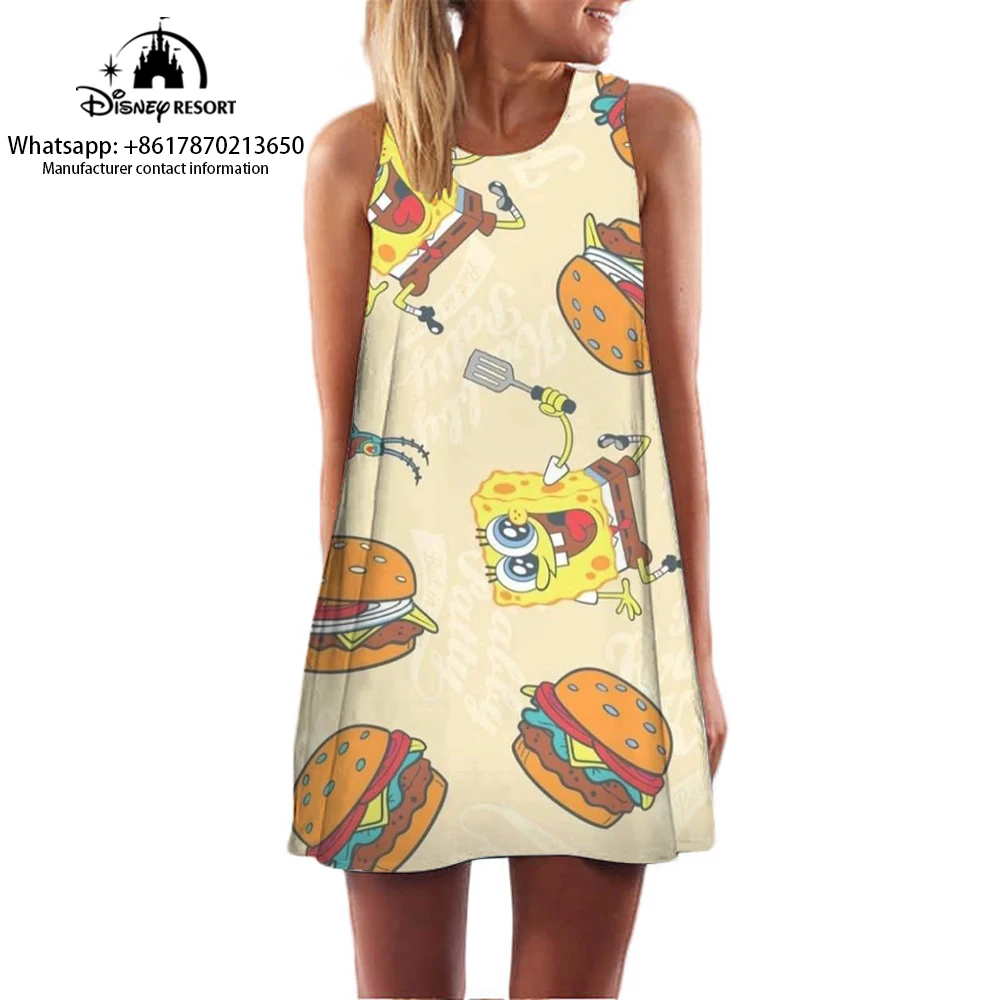 

3D Cartoon Print Women's Sleeveless Dress Summer Comfortable Casual Dress 2024 New Spongebob Cartoon Pattern Dress