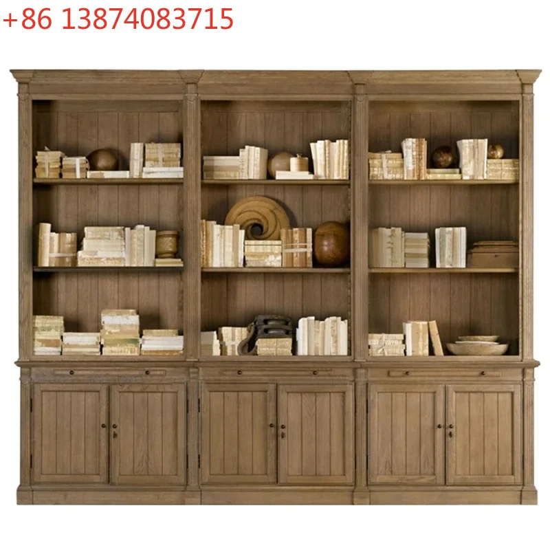 French American full wall solid wood combination bookcase multi-layer baffle display cabinet white oak