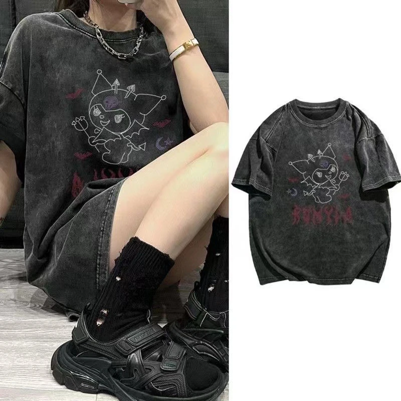 Sanrio Gothic mi gotik Harajuku Ullzang T Shirt kadın Kawaii Anime grafik T-shirt sevimli karikatür Y2K yaz Contton Tshirt kızlar