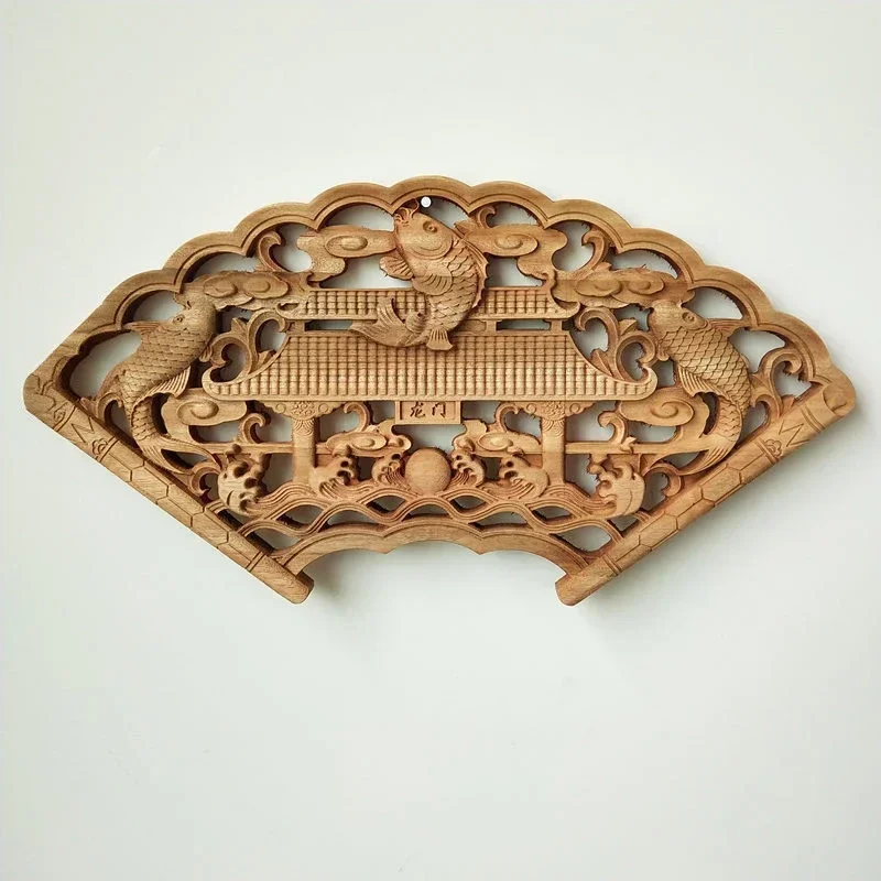 Traditional Chinese Woodcarving Wall Hanging Camphor Wood 3D Exquisite Dragon Phoenix Flower Carving Craft Home Decoration