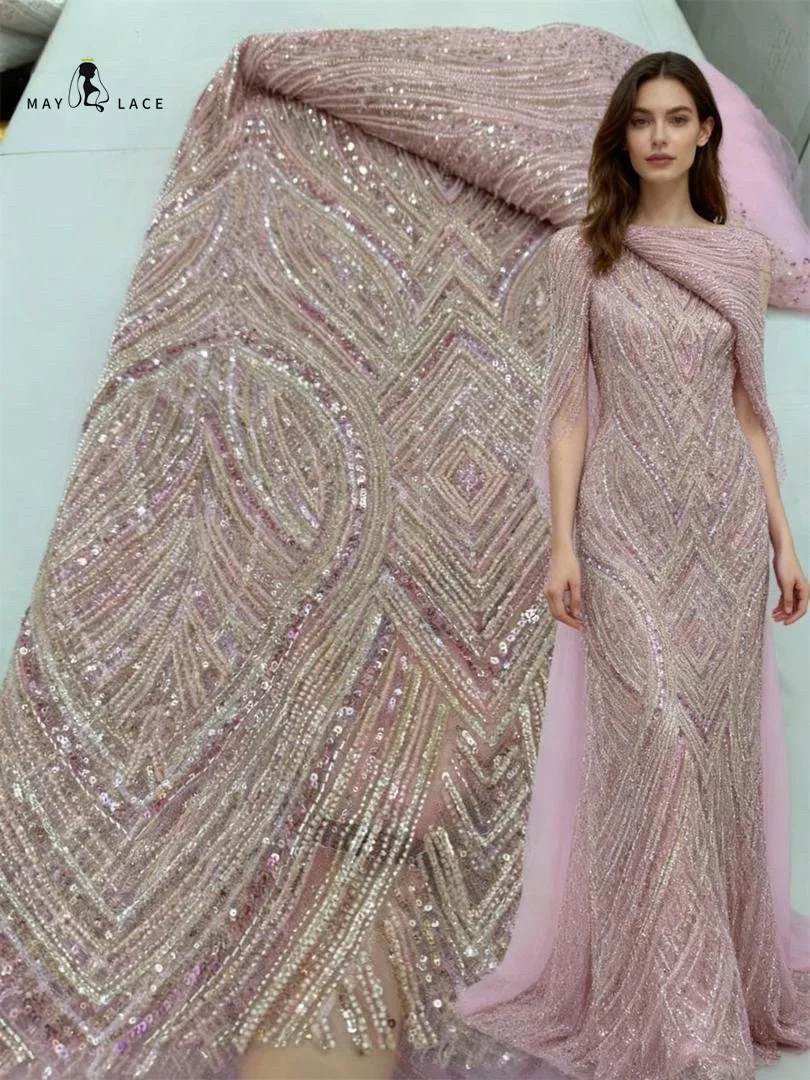 

Fashion Pink African Beaded Lace 2025 High Quality Nigerian French Mesh Lace Fabric With Sequins For Wedding Party Dress Women