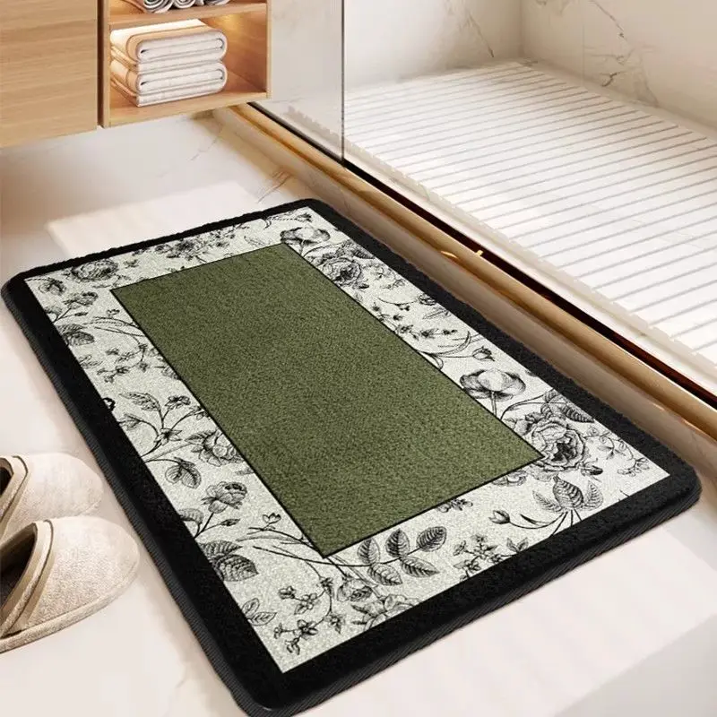 VIKAMA Vintage Floral Border Bath Mat Non‑Slip Green Center Absorbent Bathroom Floor Mat Decor Rug for Shower Room Indoor Home
