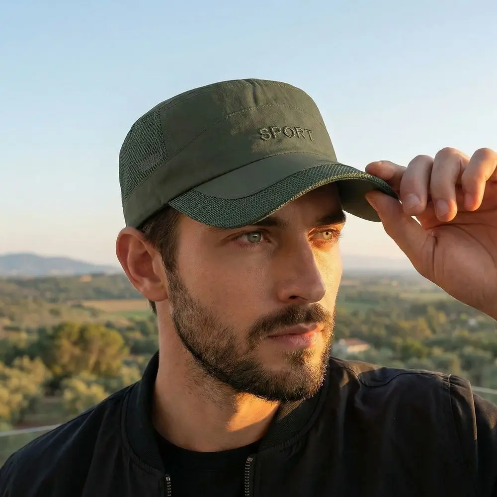 Cool Adjustable Flat Top Cap Breathable Casual Wear Mesh Sun Hat Sun Protection Polyester Quick Drying Cap Summer Outdoor view 4