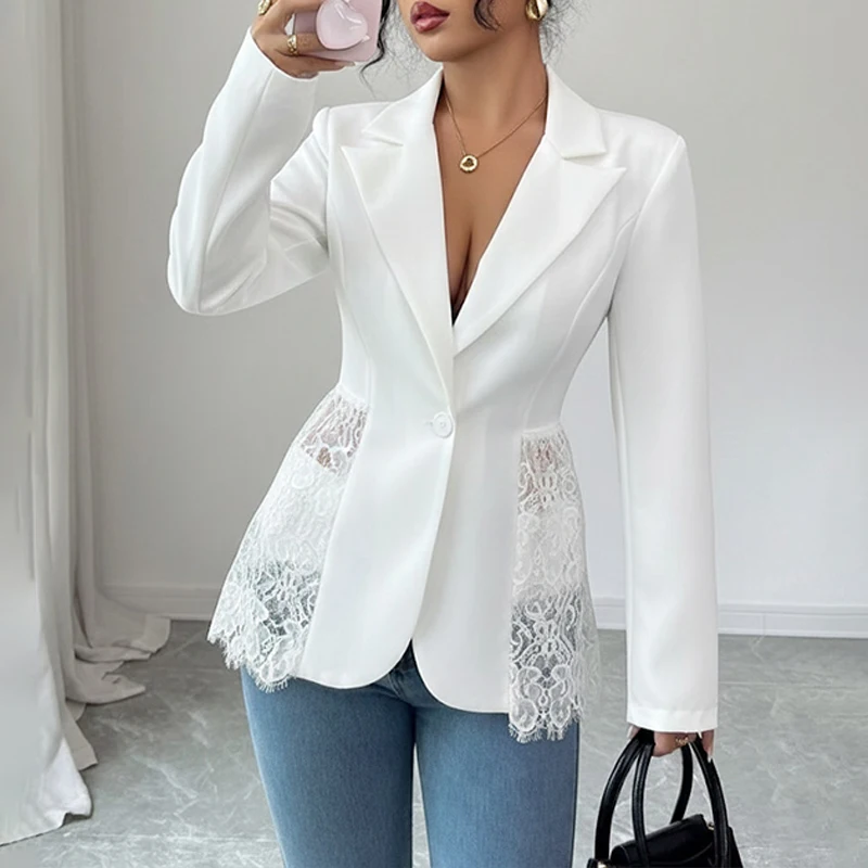 Blazer Elegante con Parches de Encaje para Mujer, Cuello de Solapa, Manga Larga, Un Botón, Estilo Transparente, Sexy y Versátil