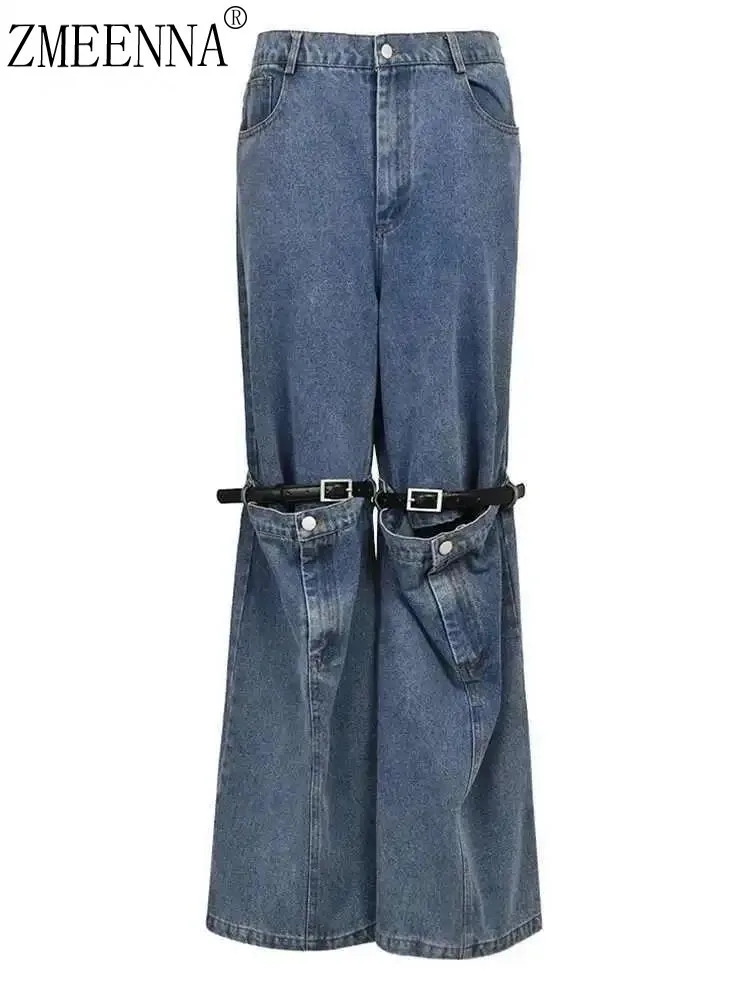 

ZMEENNA Wide Leg Jeans For Women Trendy Two Way Style Denim Pants Fashion Bottoms With Belt Decoration ZM1019