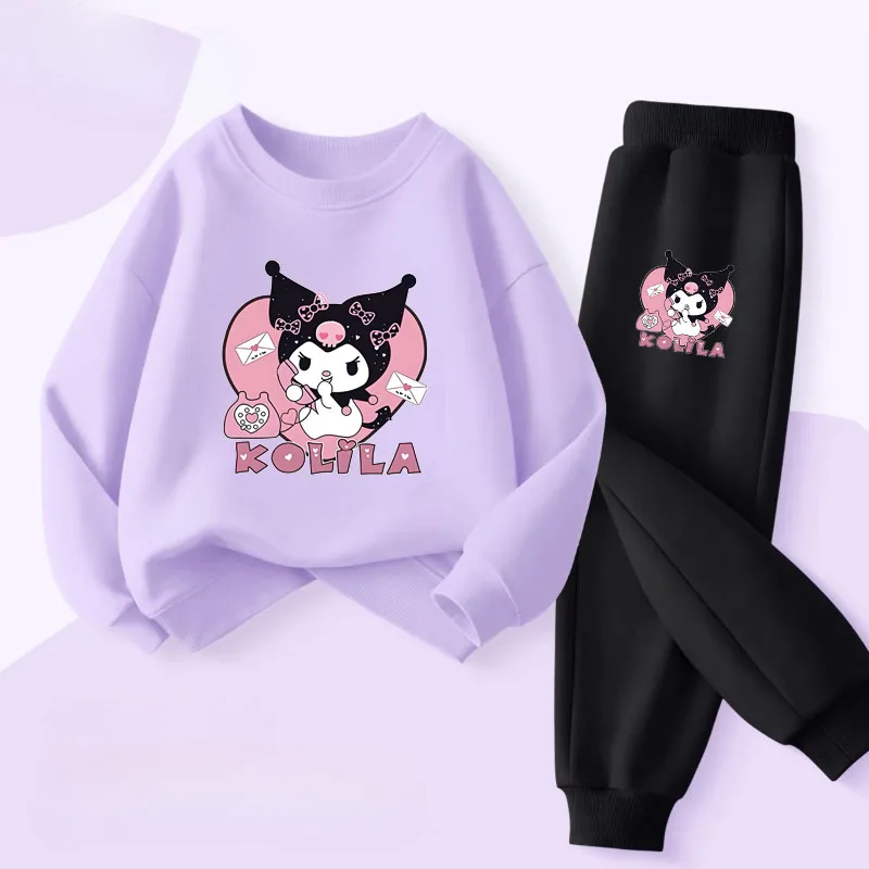 SANRIO ربيع الخريف نمط جديد مجموعة ملابس الأطفال Kuromi مطبوعة طفل الفتيات البلوز والسراويل 2 قطعة مجموعة الاطفال البلوز غير رسمي
