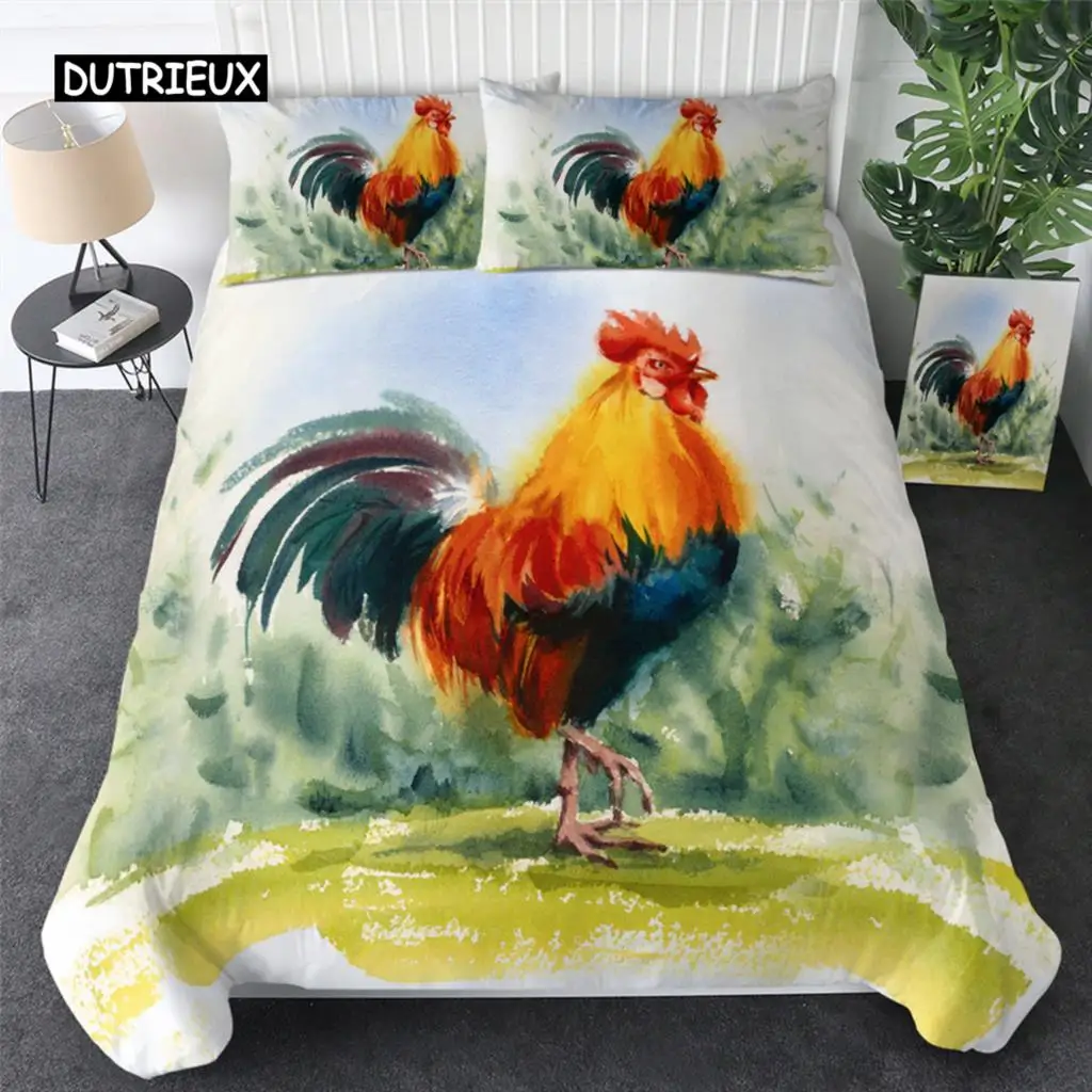 

Chicken Duvet Cover King Queen Size Watercolor Rooster Bedding Set for Kids Teens Adults Farm Animal Polyester Comforter Cover