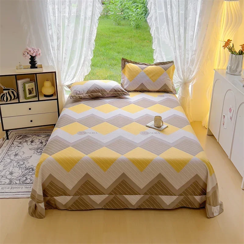 Khaki Thickened Bed Sheet Set 100% Cotton Soft Skin-friendly Geometric Pattern Double Flat Sheet for Kids Teen Adults Room Decor