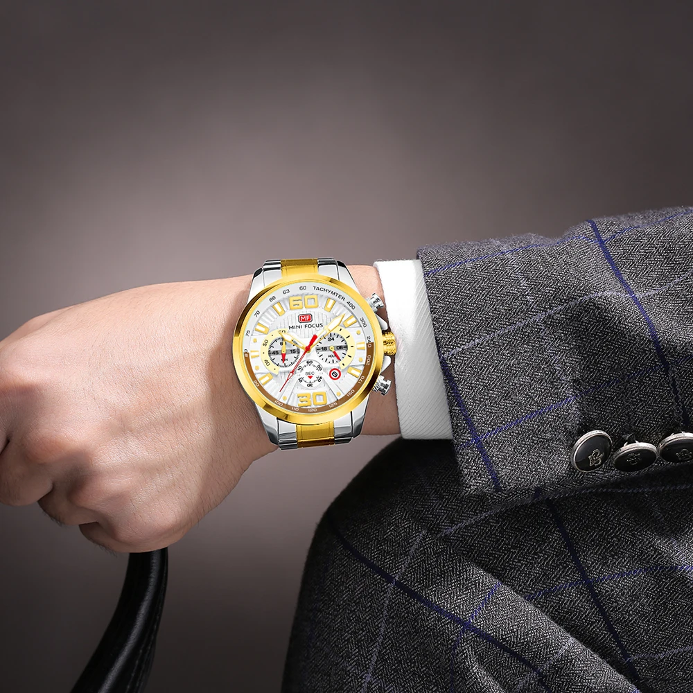 MINI FOCUS 0336 ساعات كوارتز للرجل متعدد الوظائف التقويم مضيئة مقاوم للماء حزام الصلب ساعة رجال الأعمال الأنيقة