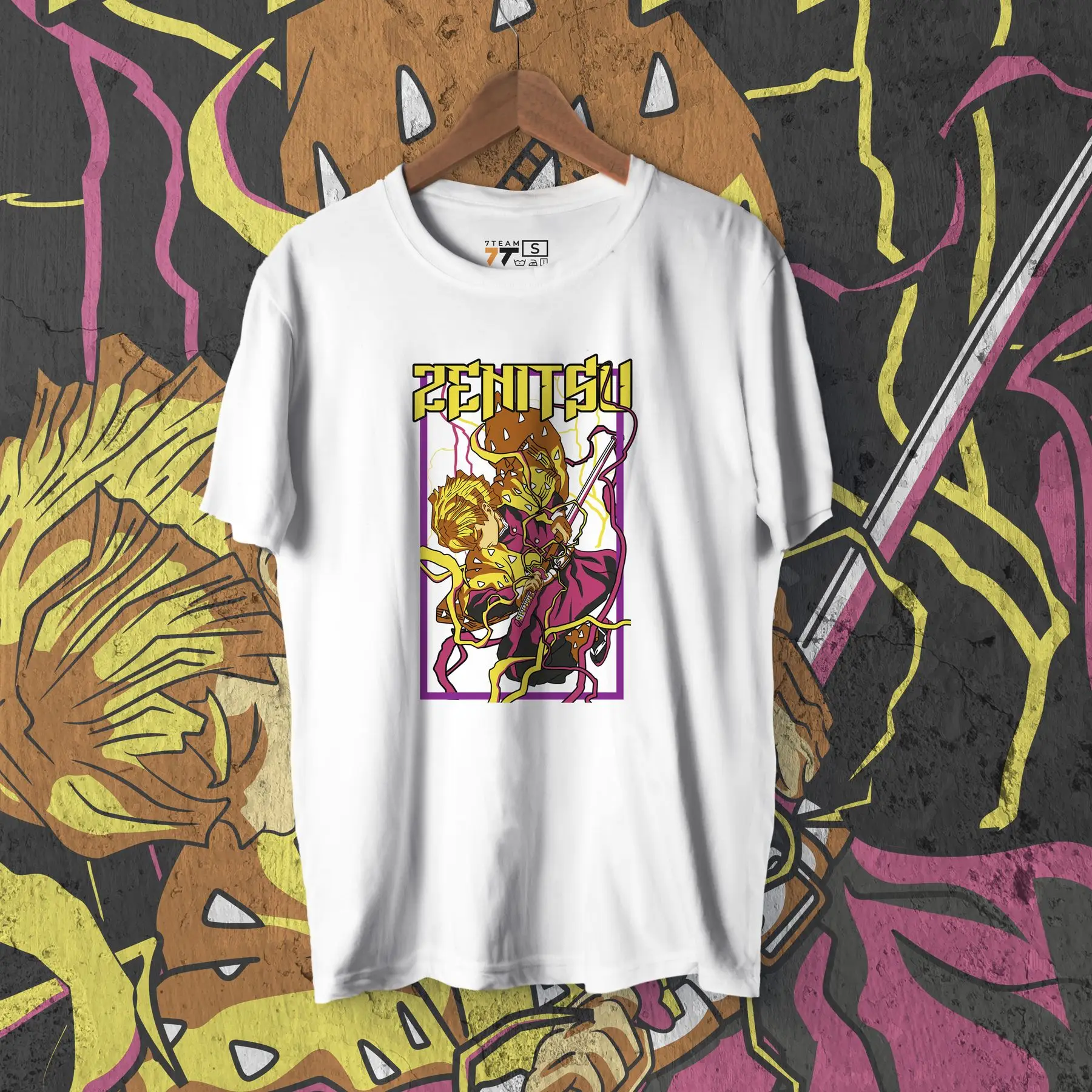 T-Shirt Met Demon Snijblad Print-Zenitsu 3 Wij