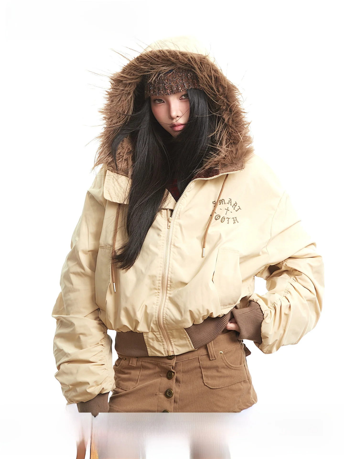 

UNCMHISEX Ретро-куртка с капюшоном и длинными рукавами для женщин, осенне-зимнее теплое хлопковое пальто с меховым воротником, на молнии, повседневная верхняя одежда