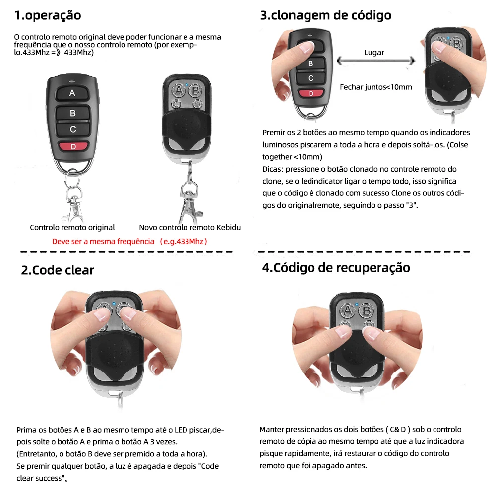 Duplicateur de copie intelligent avec télécommande, porte de garage électrique, portail, émetteur de clonage à distance, 4 boutons, 433MHz, 433.92 MHz