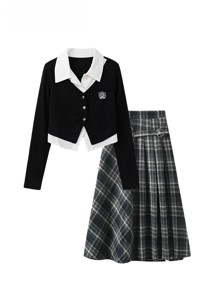 

CaraCLUB plus Size College Sle Outfit Women's Autumn Winter Collar Long Sve irt Plaid Skirt Set Fat Sister