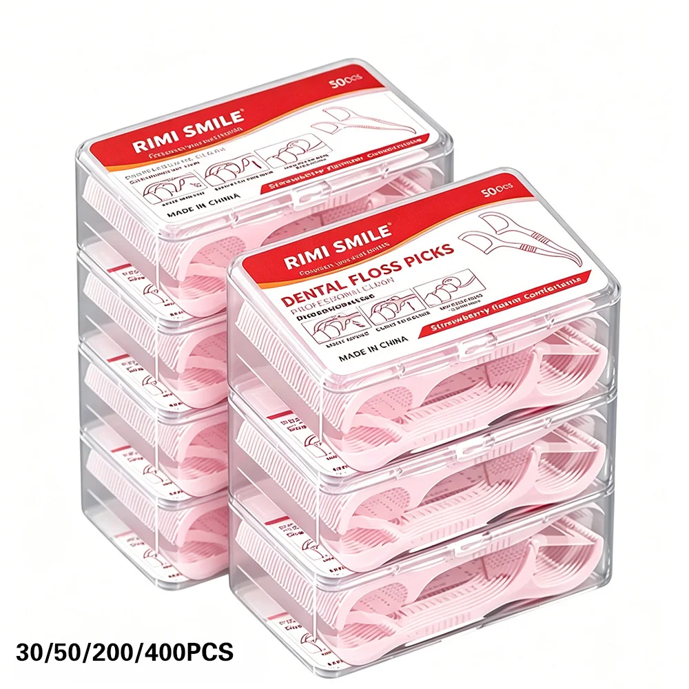 Multifunctional Strawberry Floss Picks 30/50/200/400PCS, Smooth Floss Sticks for Deep Teeth Cleaning, Portable Dental Kit for Fa