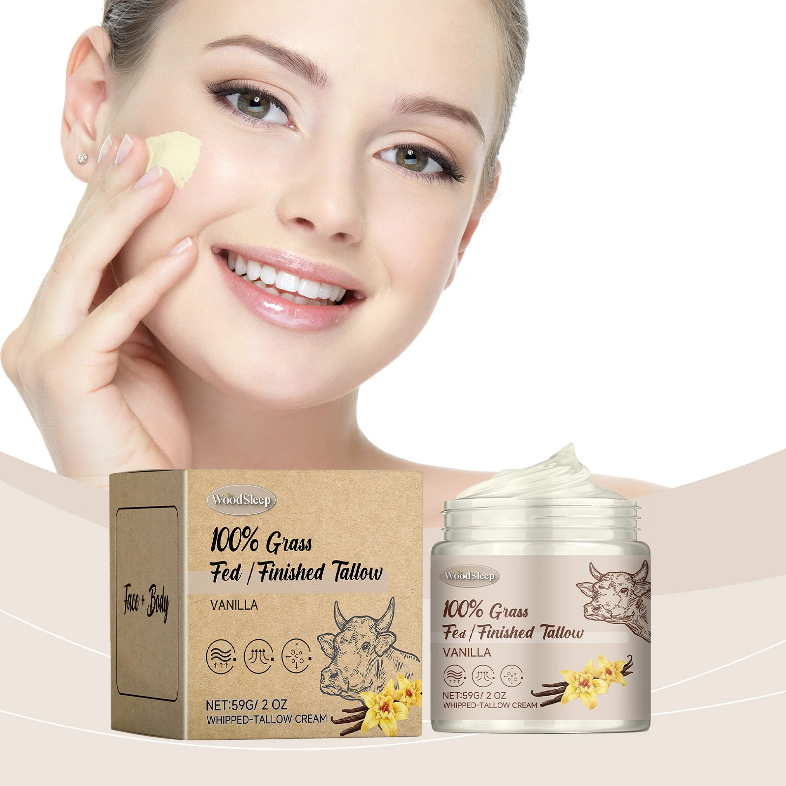 Ship from US Vanilla Whipped Tallow Cream WoodSleep 59g 100% Grass Fed Finished Natural Face Cream Handmade for Dry Sensitive Skin Deep Moisturizing
