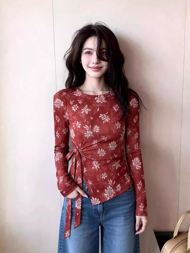 Women's Summer Mesh Long Sleeve Top Print Irregular Lace Up Uv Fashion Tee