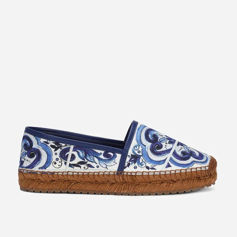 Leopard Pattern Woven Sole Flat Shoes Woman 2026 Blue and White Porcelain Round Toe Slip-On Rope Sole Espadrille Leopard Print