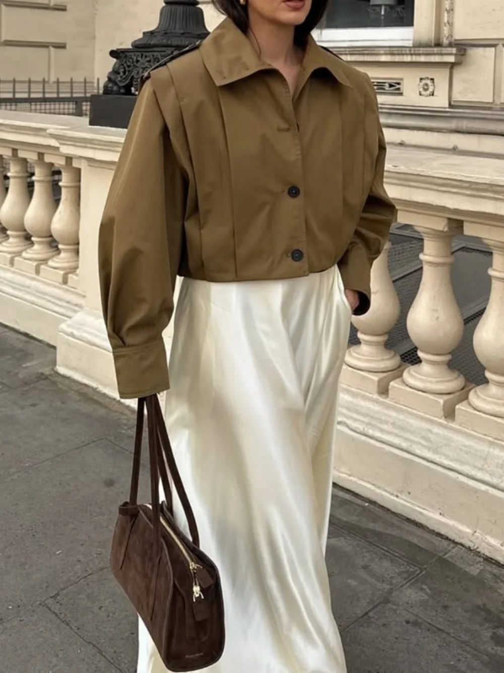 Women's Vintage High Collar Street Fashion Jacket Long Sleeves Lapel Single Breasted Casual Pleated Cropped Coat