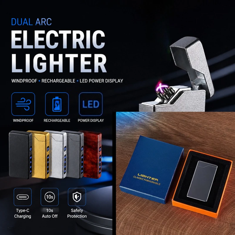 Rechargeable Digital Display Touch Sensor Lighter Type-C Fast Charging Windproof Metal Lighter USB LED Power Double Arc Lighter