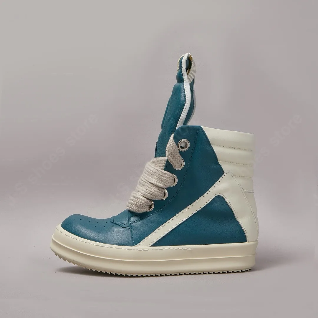 

Brand Luxury RO Shoe Men Ricks Boots High Top Shoes Owens Women Sneaker Jumbo Laces Cyan Leather Ankle Boot Zipper Casual Shoes