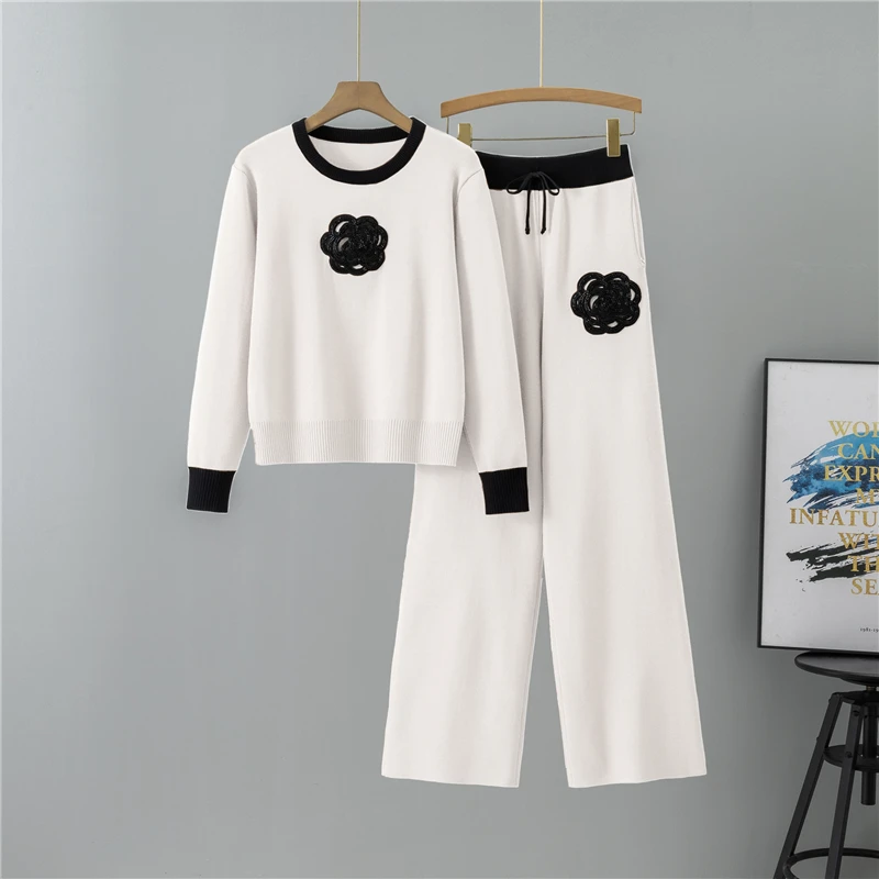 2025 Autumn Winter New Knitted Loose  Women Pant Suits O Neck  Female Pullover Suit  Fashion  Wide Leg High Waist Pants Set