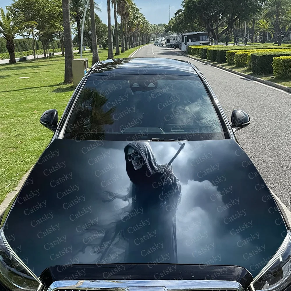 Black Red Grim Reaper Car Hood Sticker PVC Self Waterproof Stick,Striking Auto Exterior Accessories Decor Protect Gift for Lover