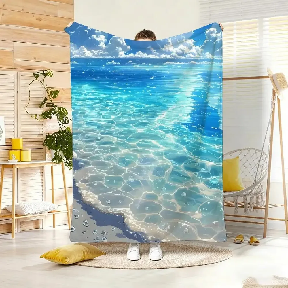 Anime Aesthetic Bright Clear Blue Ocean White Cumulus Cloud Flannel Blanket, Transparent Rippling Seawater Bubble Sunlight Refle