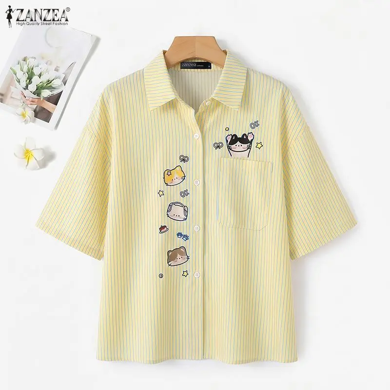 ZANZEA Korean Style Tunic Women Shirts Striped Top Casual Loose Half Sleeve Blusas Work Office Lapel Neck Tops Oversized