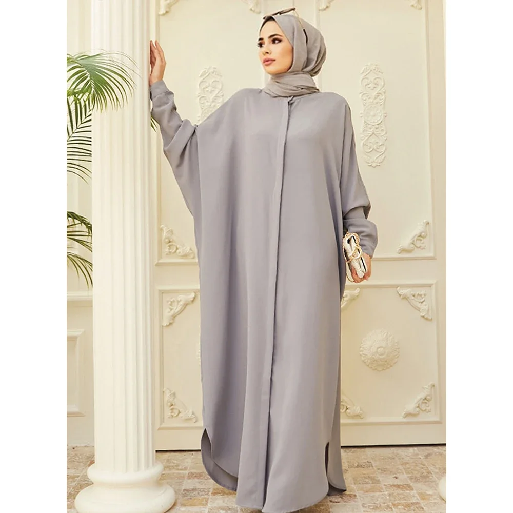 Gamis wanita Muslim, baju gamis kardigan Dubai Islami, baju doa Ramadan warna polos lengan kelelawar