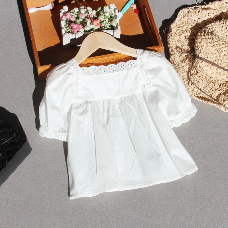 Summer White Blouse for Big Girls Cotton Lace Short Sleeve Tops Children\'s Square Collar Pure Color Tshirts 6 8 10 14 15 Years