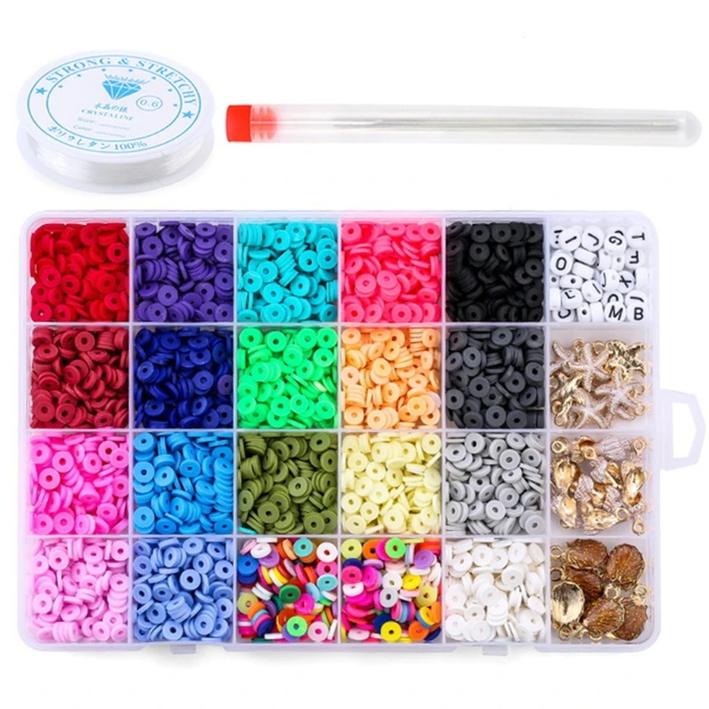 DIY Necklaces Bracelets Earring Round Clay Beads 24 Grids Set with Ropes 6mm