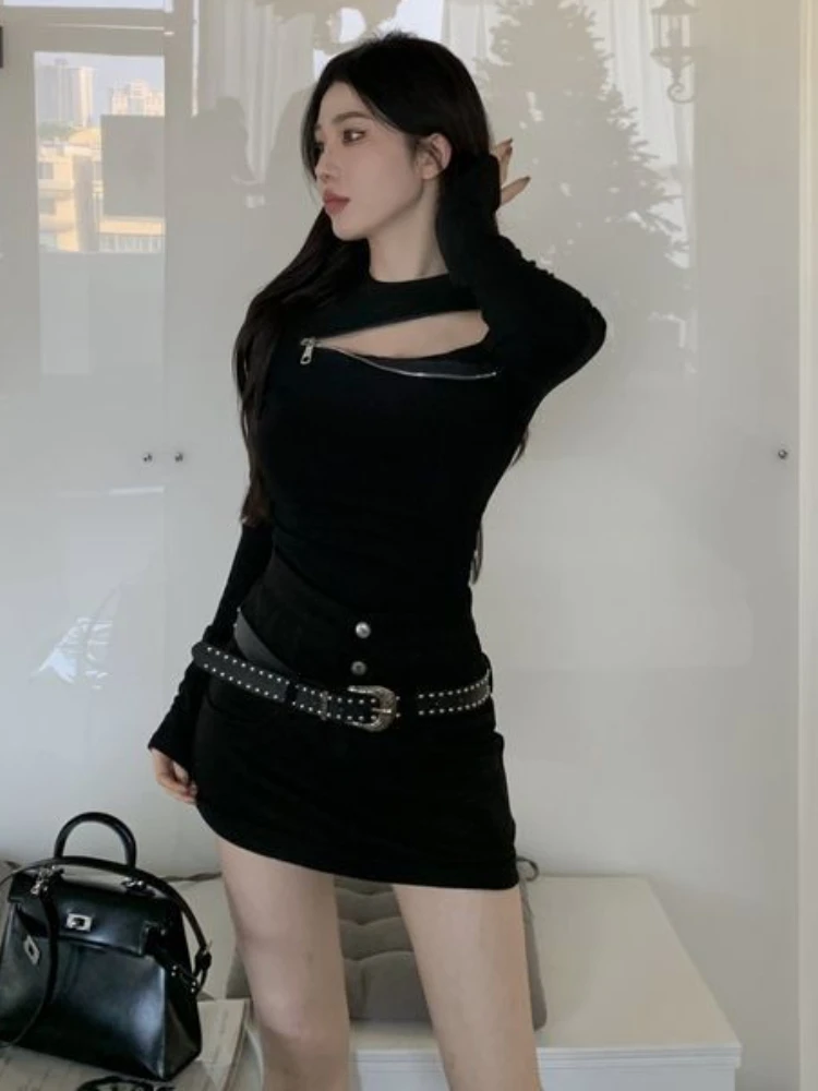 2024 Spring Grunge Hollow Out Zipper T-shirts Black Sexy Slim Fit Waist Tunic Streetwear Tops Women Y2k Aesthetic Harajuku Tees