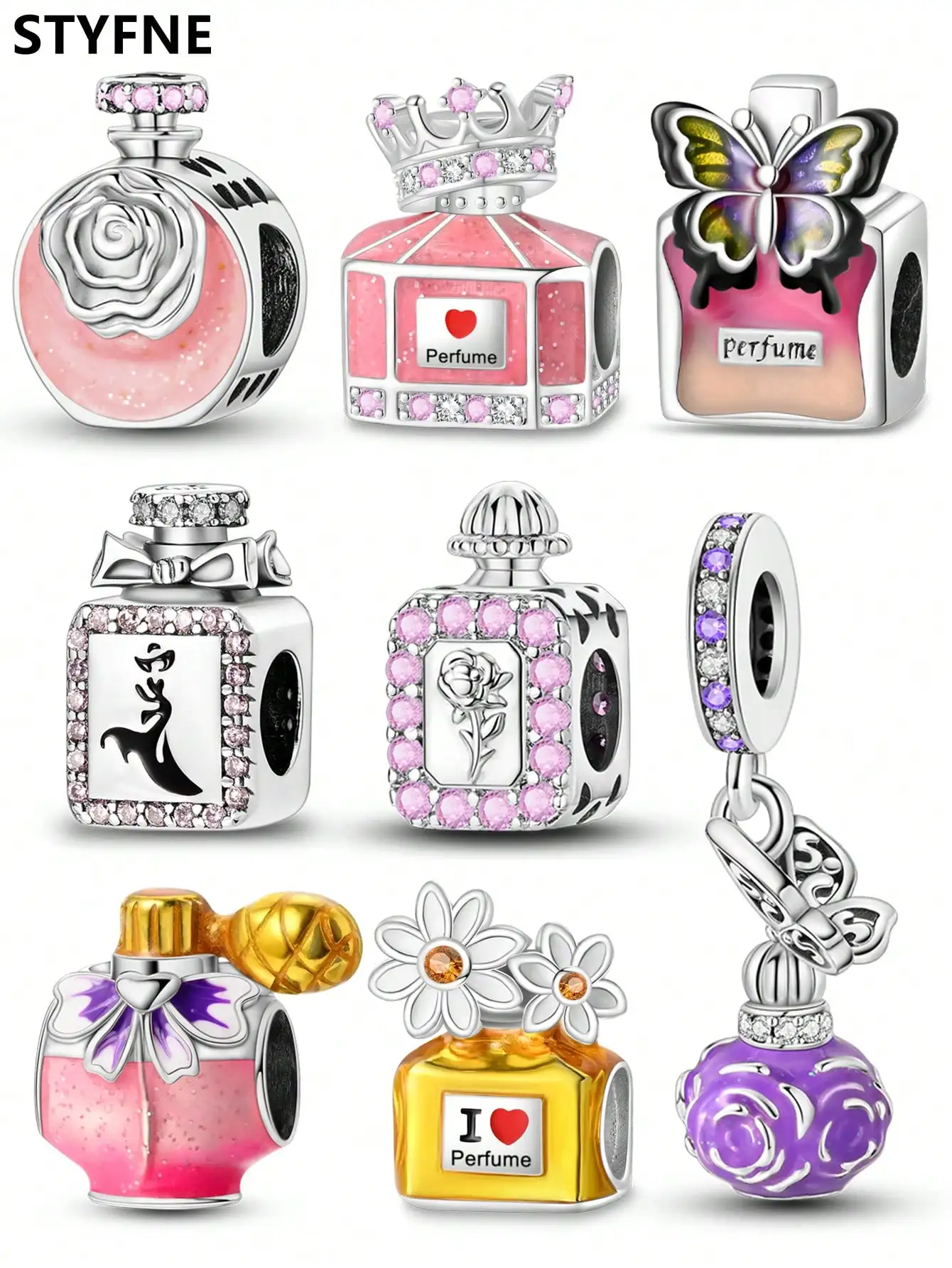 925er Silber vergoldet, Original-Charms, SPink-Parfümflaschenperlen, passend für Armbänder, Damenschmuck, Geschenk