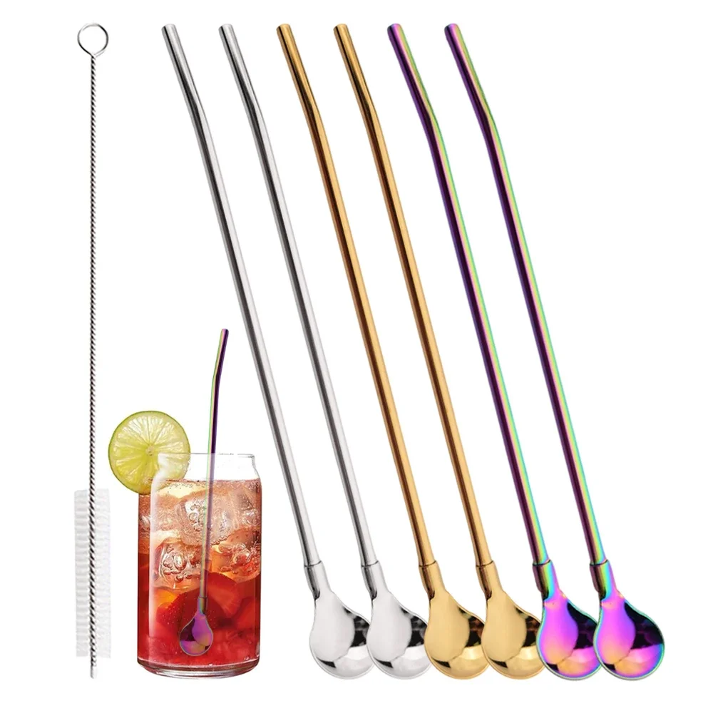 7Pcs Milkshakes Cocktails Coffee Juice Straw Set 2-in-1 Stainless Steel Straw Spoon Set Reusable Drinking Straws Bar Accessories