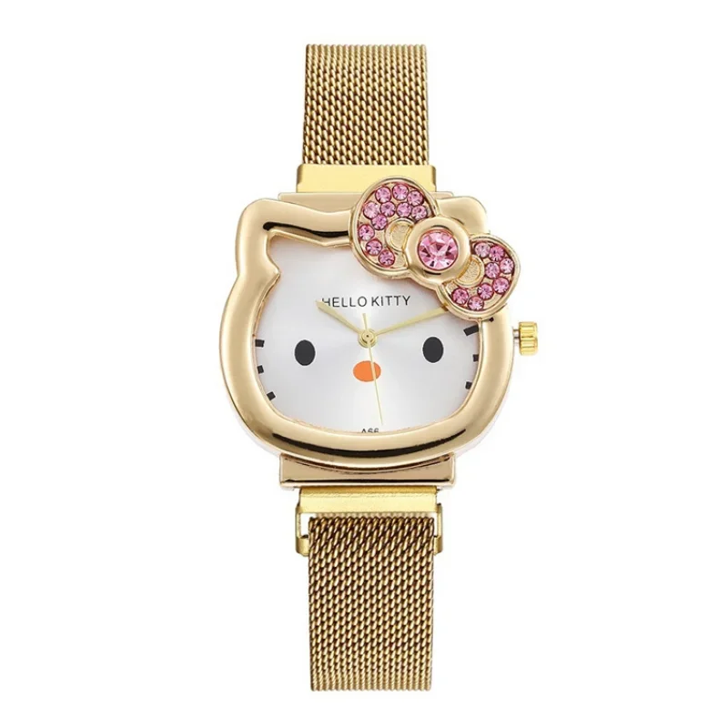 นาฬิกาควอตซ์ Hello Kitty Sanrios สำหรับผู้หญิง นักเรียน น่ารัก สไตล์ Kawaii สายสแตนเลส อนิเมะ คุณภาพสูง นาฬิกาลำลอง