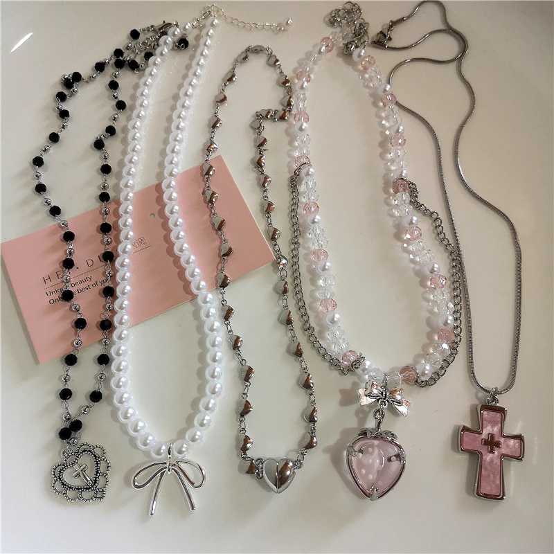 Gotico Vintage rosa croce fragola ciondolo nappa perla perline collana catena serpente donna Y2K 2000s EMO accessori gioielli