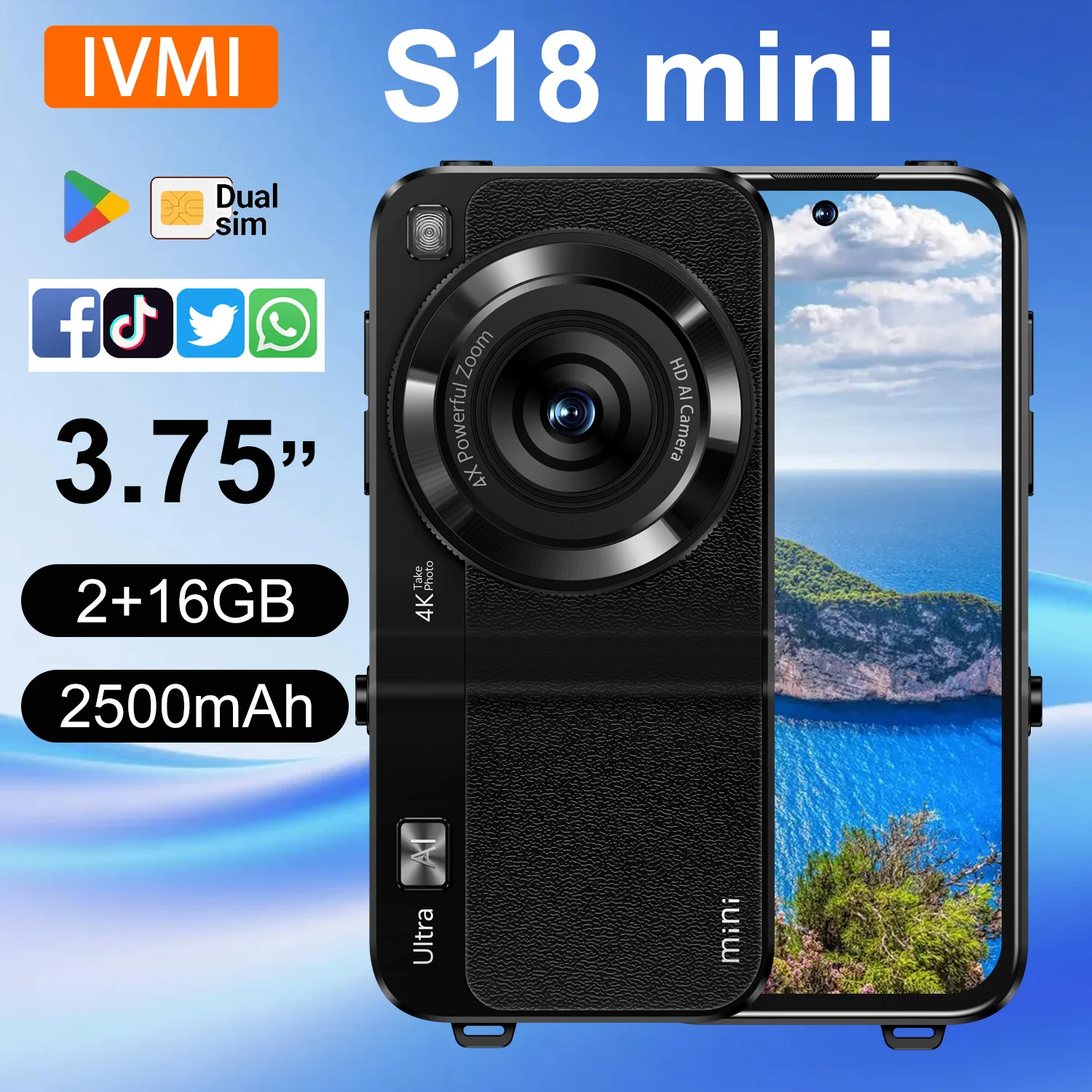 IVMI S18 mini Smartphone Android 2GB+16GB Dual SIM Wifi Play Store Face ID 3.75 inch Cellphone photograph Small Mobile Phones