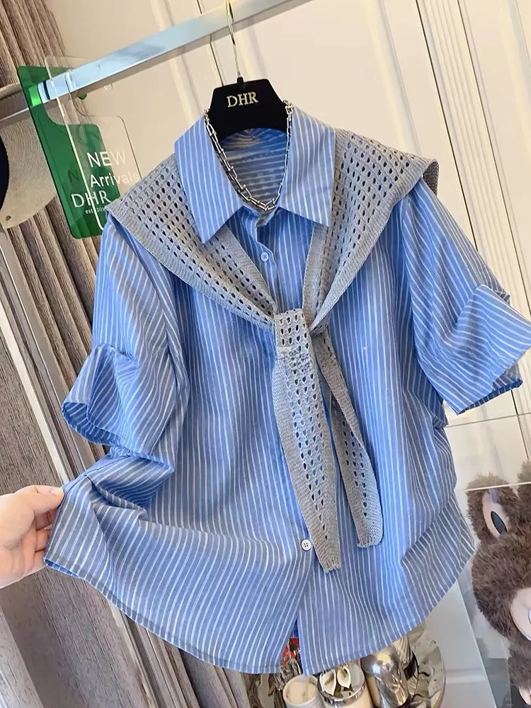 

Blue Striped Short Sleeve Knitted Shirt Loose Summer Design Sense Pleated plus Size Top Women's Korean Style Breathable Casua...