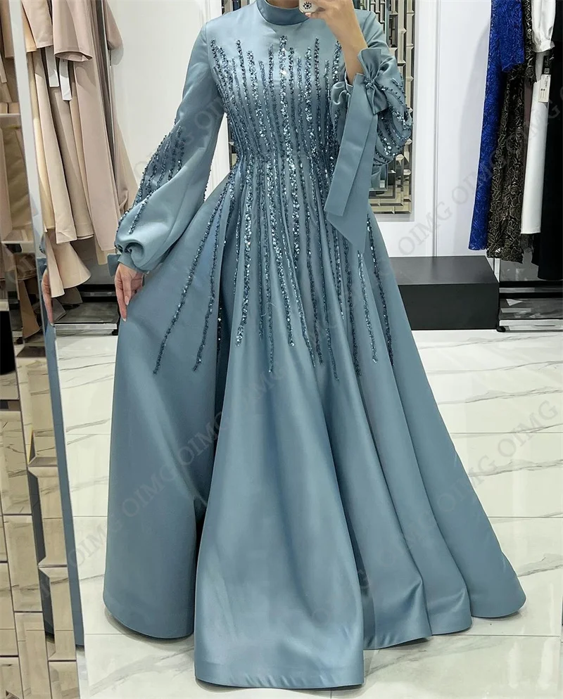 OIMG Blue A Line Muslim Shiny Long Evening Dress Sequins Sparkly Full Sleeves Fashion Formal Elegant Prom Gown New 2023