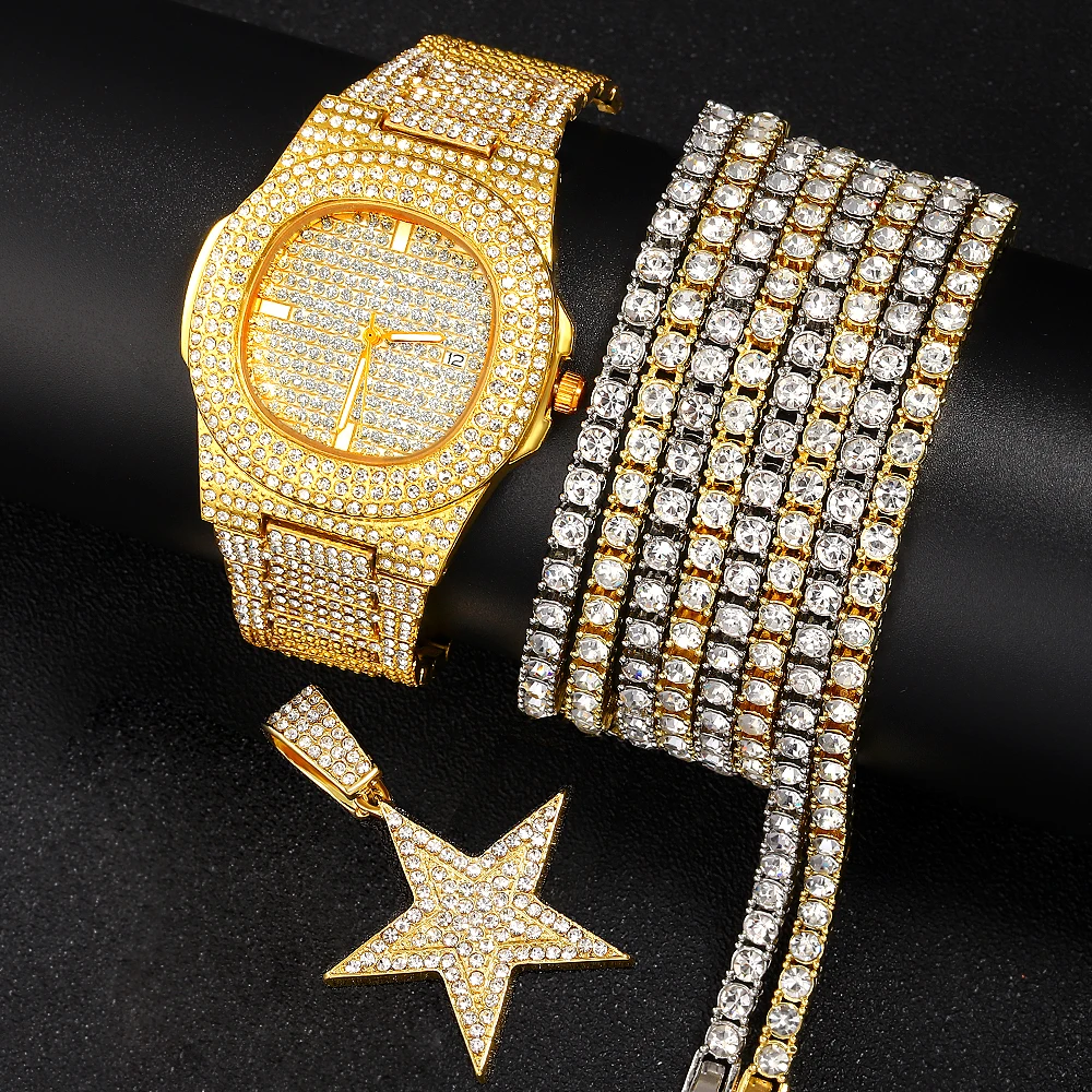 3pcs Hip-Hop Punk Stylish Wrist Watch Set Star Pendant+Tennis Chain+Watch Set Men Women Iced Out Trend Light Luxury Jewelry Gift