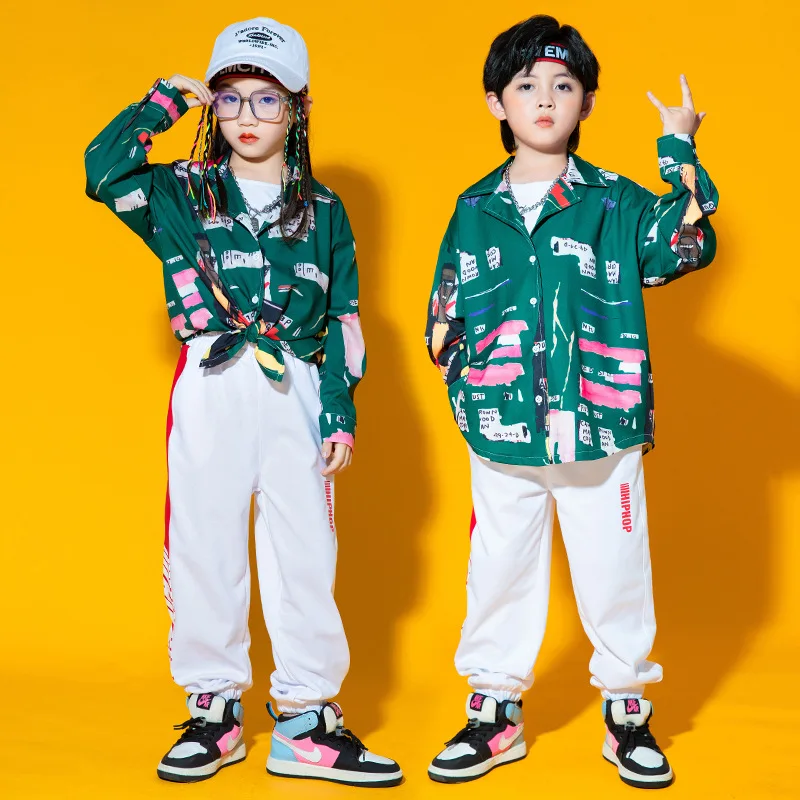 Street Dance Clothes for Kids Print Shirt Hip Hop Loose Tops Black Cargo Pants Teenager Jazz Costume Streetwear 8 10 12 14 16Y