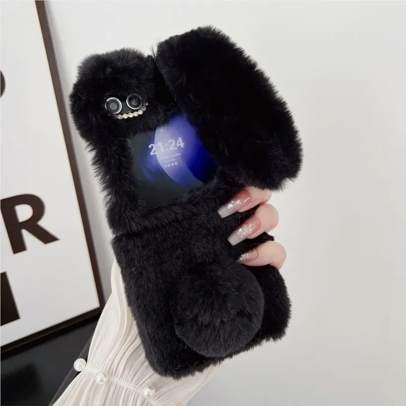 Cute Kawaii Fluffy Rabbit Ears Phone Case for Samsung Galaxy Z Flip 8 7 6 5 4 3 7FE Bunny Plush Furry Soft Cover with Pom Pom