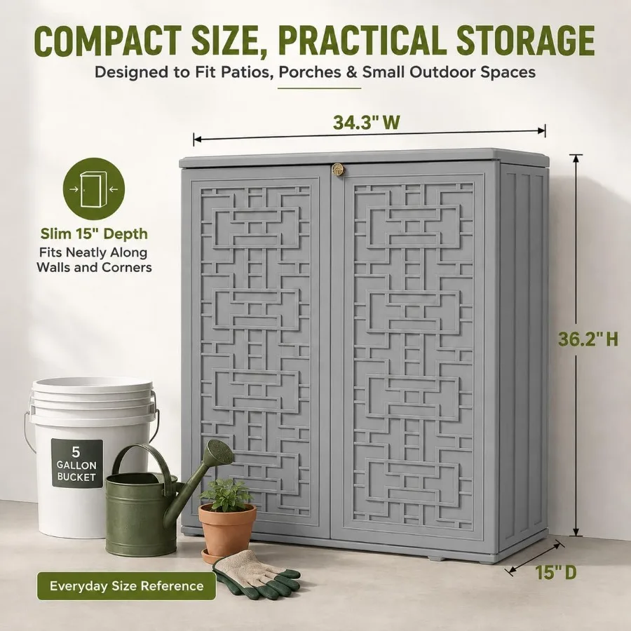 Outdoor Storage Cabinet: Waterproof Heavy-Duty Resin, Gray, UV-Resistant Lockable with Adjustable Metal Shelf