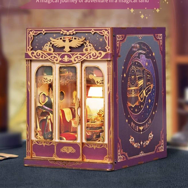 DIY Wooden Book Nook Magical Journey Figurines Miniatures Bookend Handmade Bookshelf Light for Friends Gift Home Decor Crafts