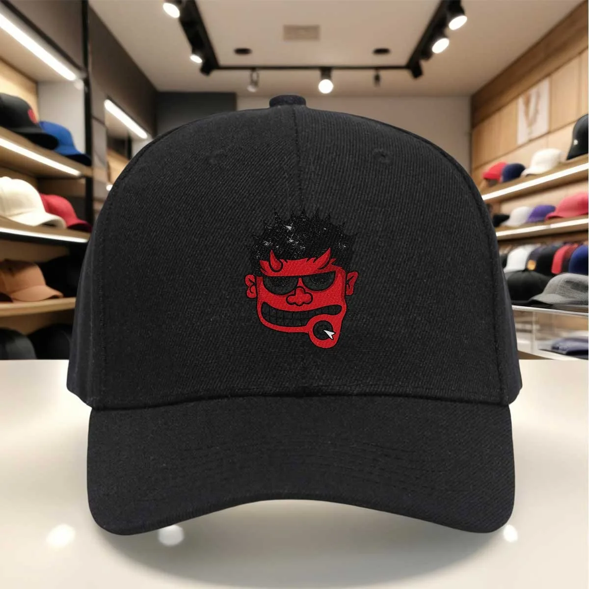 Red Devil Face Graphic Baseball Cap, Bold Print, Adjustable Dad Hat for Casual Style