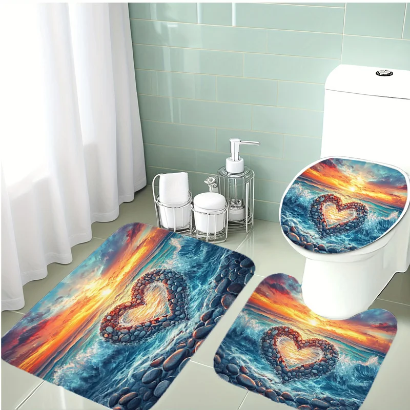 

3pcs Heart Stone Beach Bath Set – Plush Non-Slip Mats, Toilet Lid + U-Mat, Romantic Sunset Decor for Holidays Couples’ Bathroom