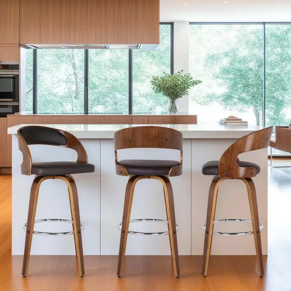 مقعد بار دوار حديث لمنتصف القرن مقاس 26 بوصة مصنوع من الجلد الصناعي البني وخشب الجوز لجزيرة المطبخ #2