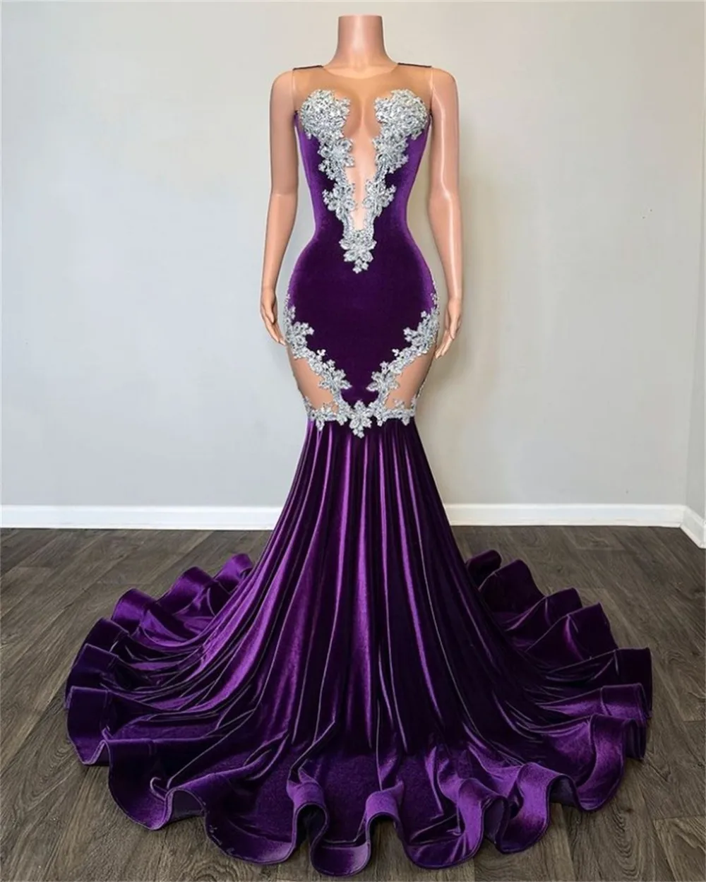 Sexy Perlen Spitze Applikationen lila Samt Ballkleider schwarz Mädchen Meerjungfrau Kleider für Party Hochzeit Abend Gala Kleid elegant