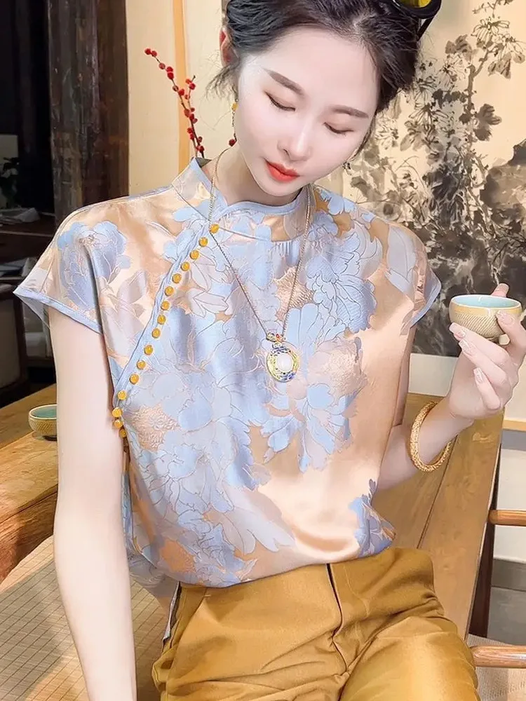 

Sleeveless Loose Fit Top with Printed Mandarin Collar Classical Dance Costume for Stage Performance or Traditional Shows T-shirt