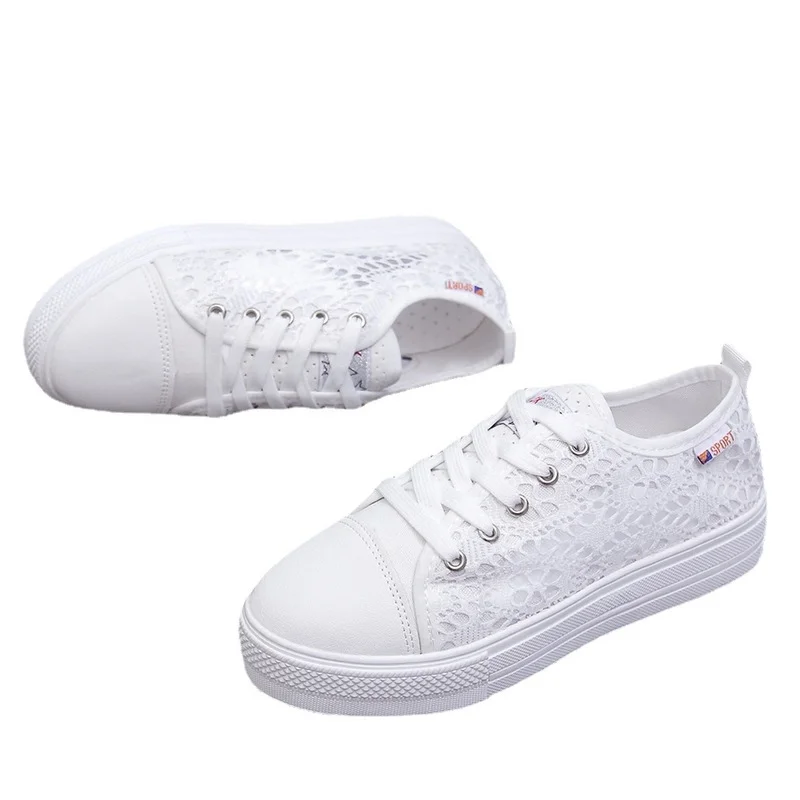 Women Shoes 2022 Fashion Summer Casual White Shoes Cutouts Lace Canvas Hollow Breathable Platform Flat Sneakers Zapatillas Mujer